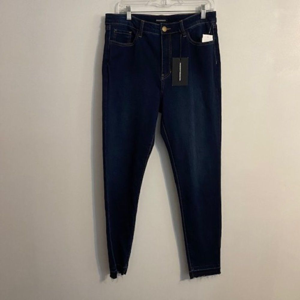 Prosperity 5 pocket distressed raw hem jeans, size 33/16